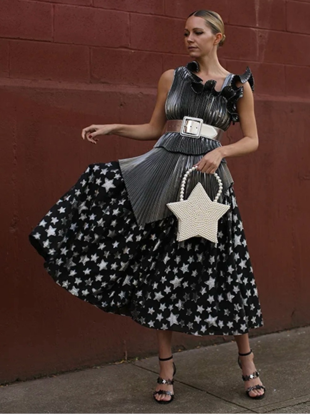 Halogen x Atlantic-Pacific Black Silver Star Pattern Tulle Midi Skirt Size 1X